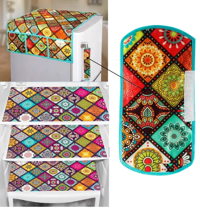 PVC Printed Fridge Top Cover with 3 Pcs Shelf Mats & Handle Cover (Multicolor, Set of 1)