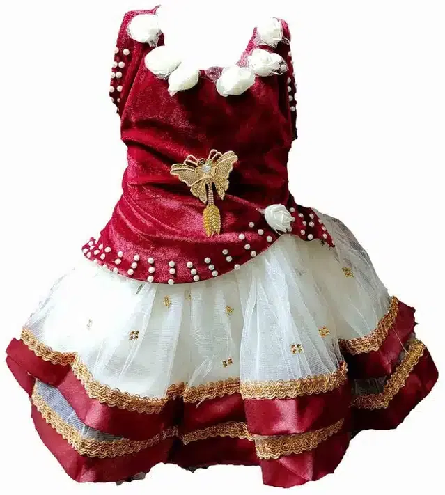 Netted Frock for Girls (Maroon & White, 9-12 Months)