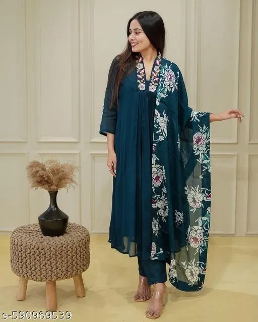 Solid Anarkali Kurta Set for Women (Aqua Blue, L)