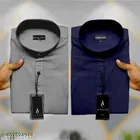 Cotton Blend Solid Shirts for Men, Grey & Navy Blue, Pack of 2 