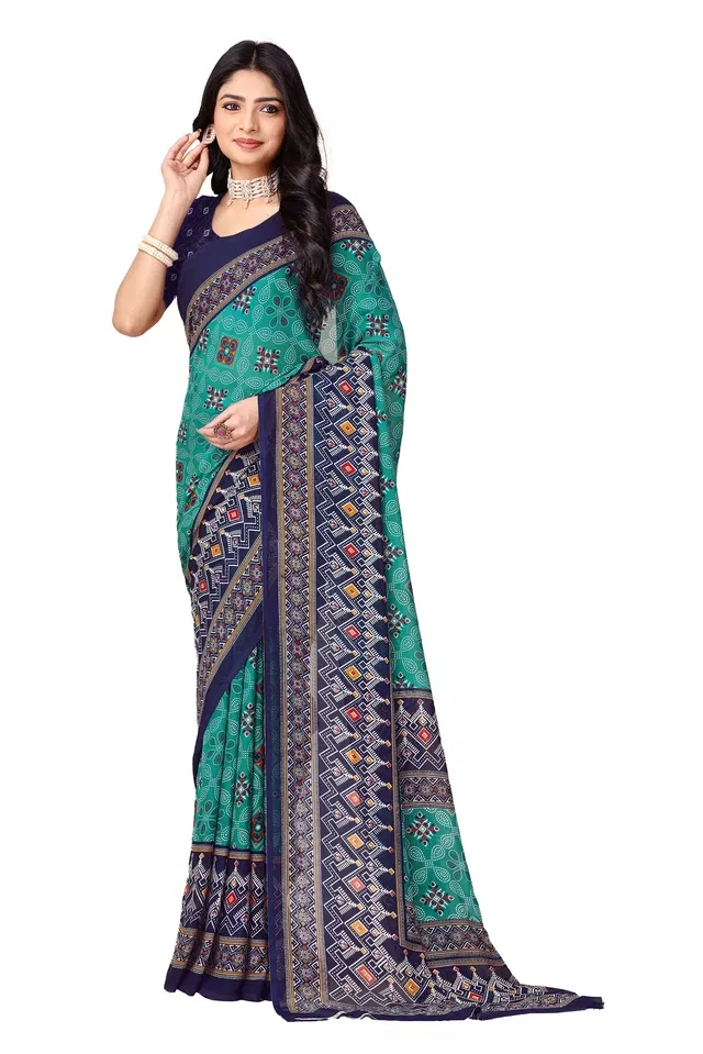 Georgette Printed Saree for Women (Blue, 6.3 m)