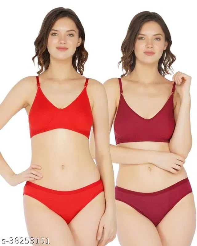 Cotton Blend Solid Lingerie Set for Women (Multicolor, 32A) (Pack of 2)