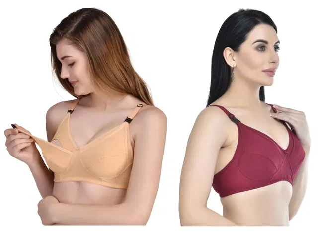Cotton Blen Solid Non Padded Feeding Bras for Women (Multicolor, 40) (Pack of 2)