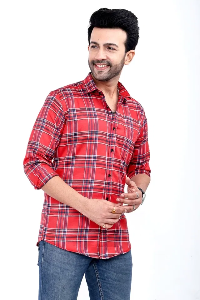 Cotton Blend Checked Shirt for Men, Red (XL)