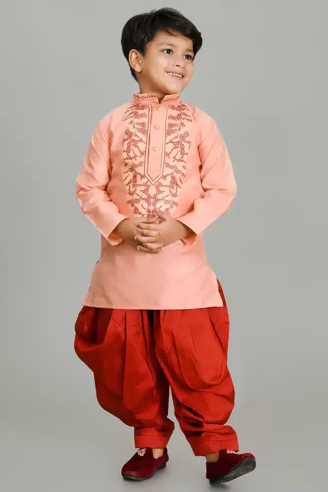 Dupion Silk Embroidered Kurta with Patiyala Set for Boys (Peach & Red, 5-6 Years)