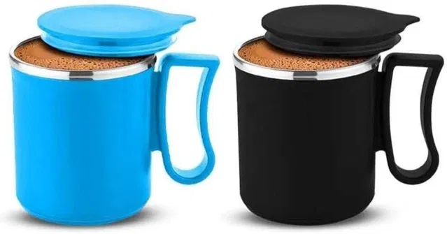 Stainless Steel Coffe Mug, Black & Blue, Pack of 2 (300 ML)