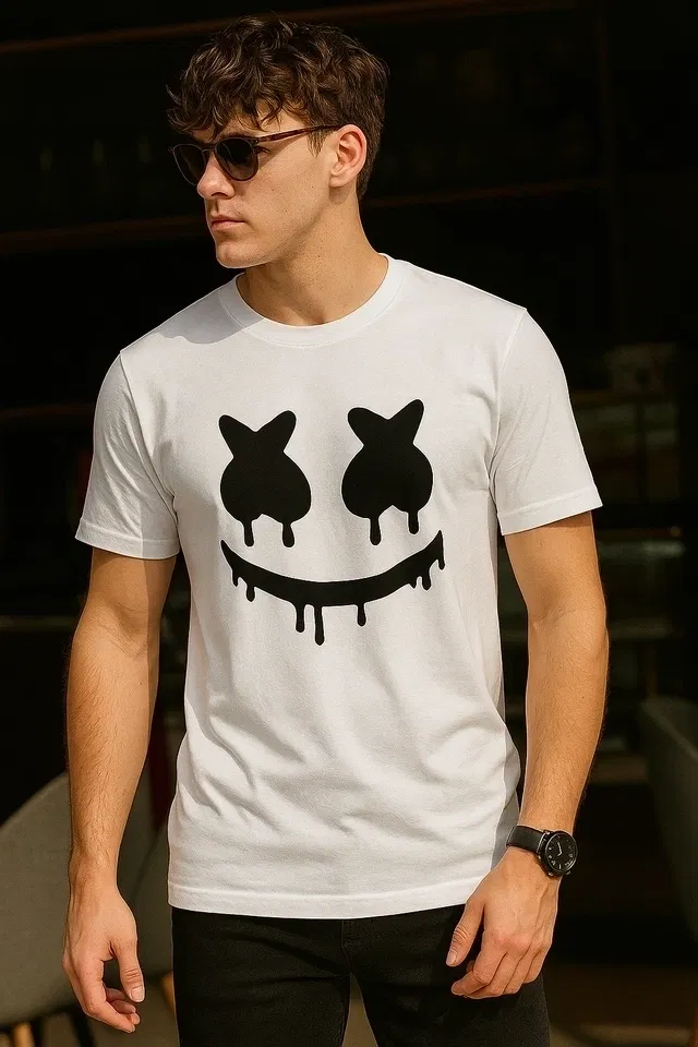Round Neck Marshmallow Printed T-Shirt for Men (White, XXL)