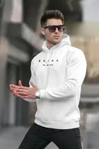 Fleece Printed Hoodie for Men, White 