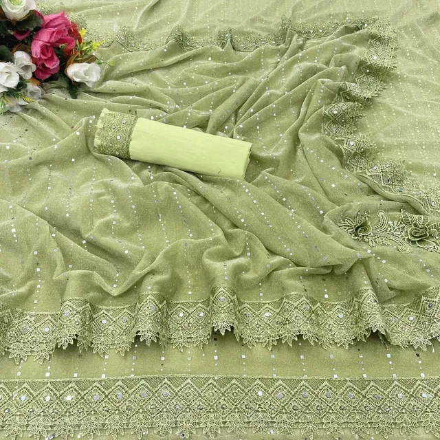 Lycra Blend Embellished Saree for Women (Mint Green, 6.3 m)