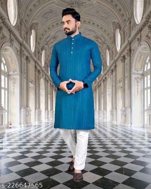 Mandarin Neck Kurta for Men (Blue, XXL)