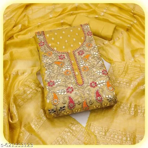 Embroidered Floral Patiala Suit for Women (Yellow, 6.65 meter (XXL)