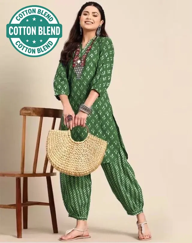 Cotton Printed Women's Kurta with Pant Set (Green, M)