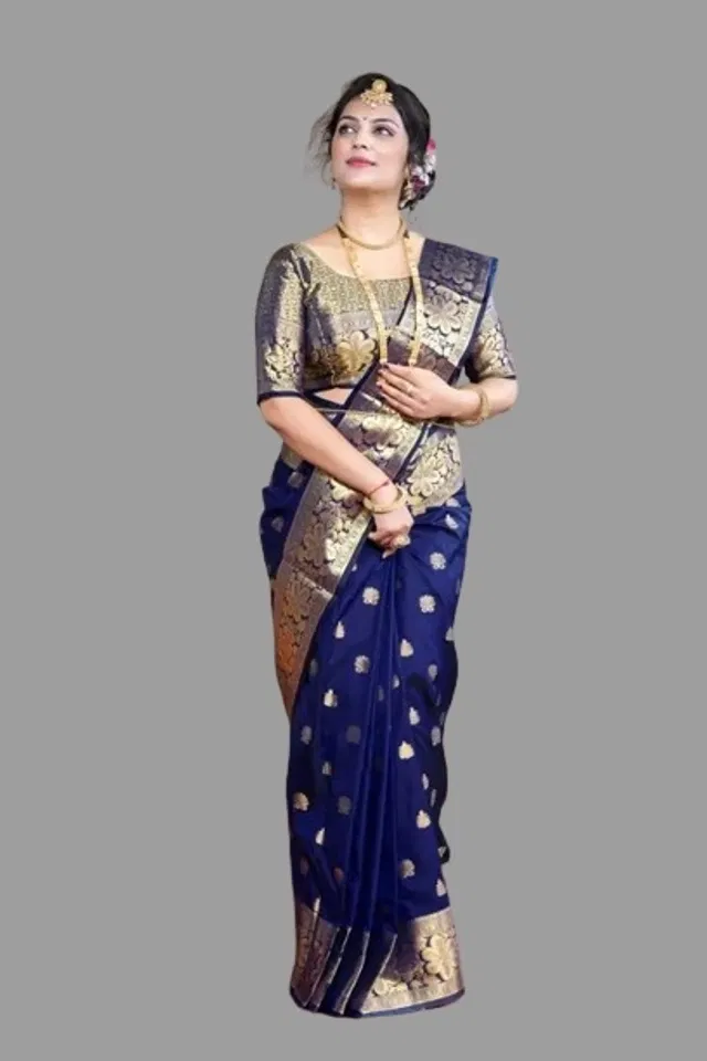 Jacquard Zari Woven Saree for Women (Navy Blue, 6.3 m)