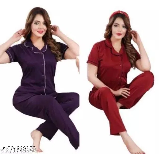 Satin Nightsuit for Women (Purple & Maroon, L) (Pack of 2)