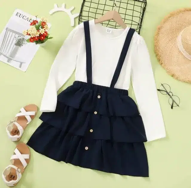 Crepe Solid Dungarees  for Girls (White & Black, 18-24 Months)