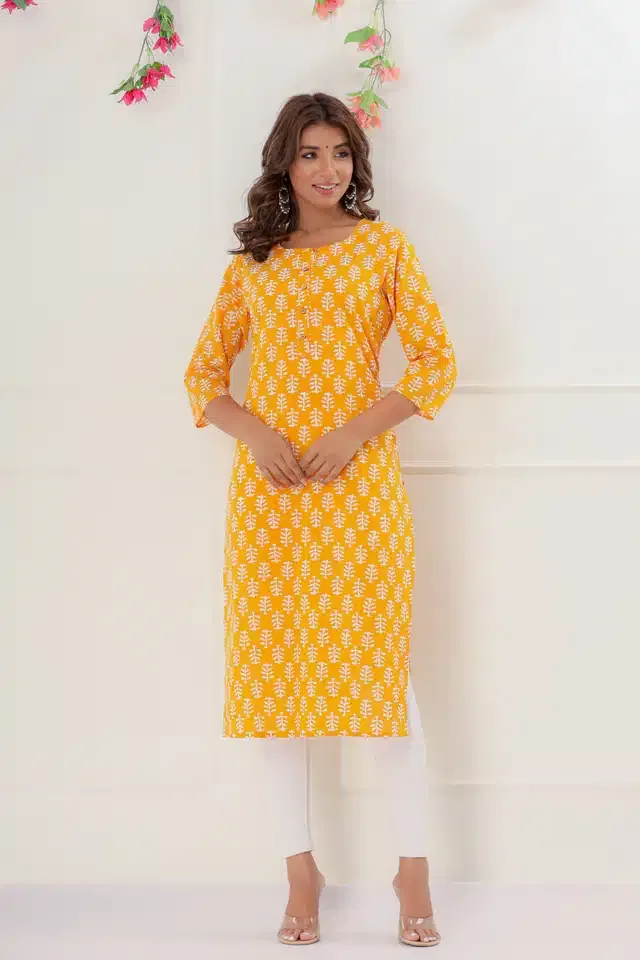 Cotton Printed Kurti for Women (Mustard, XL)