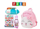 Combo of Fabric School Bag, Water Bottle, Lunch Box with All in One Book for Kids 