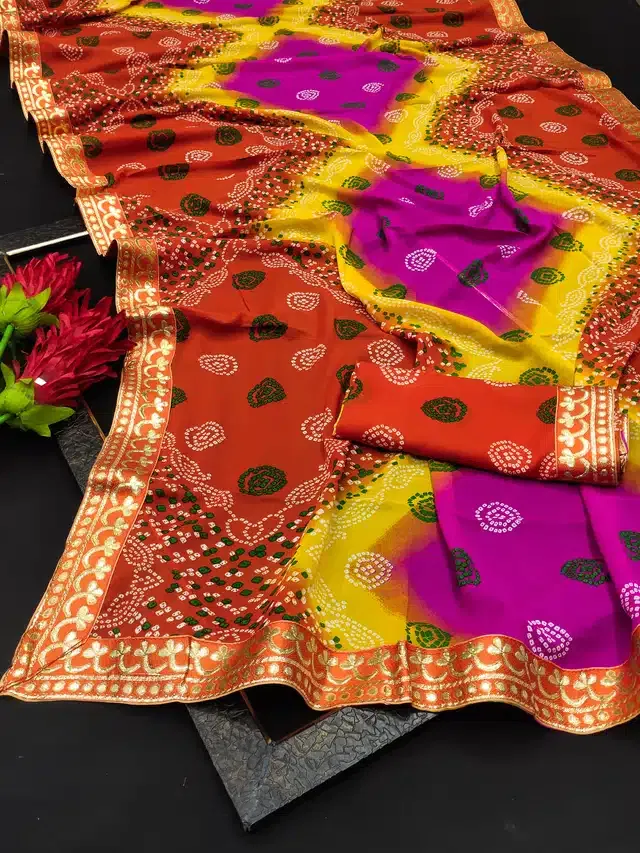Georgette Printed Saree for Women (Orange, 6.3 m)