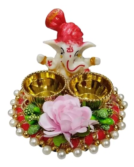 Metal Decorative Ganpati Haldi Kumkum Stand with 2 Roli Chawal Holder, Multicolor
