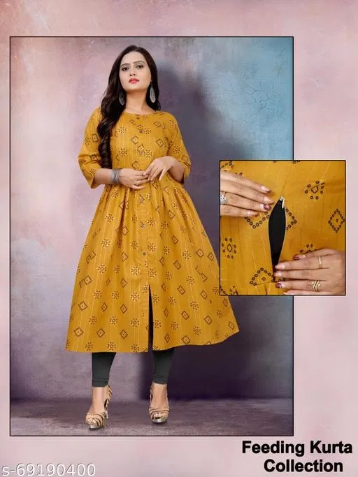 Printed Maternity Kurti for Women (Mustard, M)