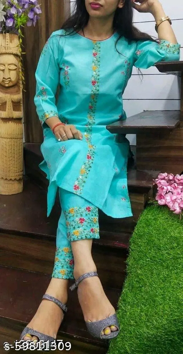 Cotton Embroidered Kurta with Pant for Women (Sky Blue, XL)