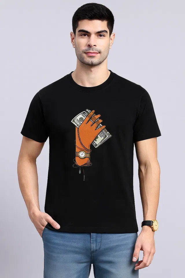 Round Neck Printed T-Shirt for Men (Black, M)