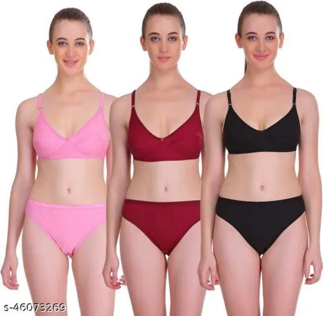 Cotton Blend Solid Lingerie Set for Women (Multicolor, 32A) (Pack of 3)