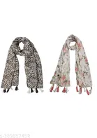 Poly Chiffon Printed Scarves for Women, White, Pack of 2