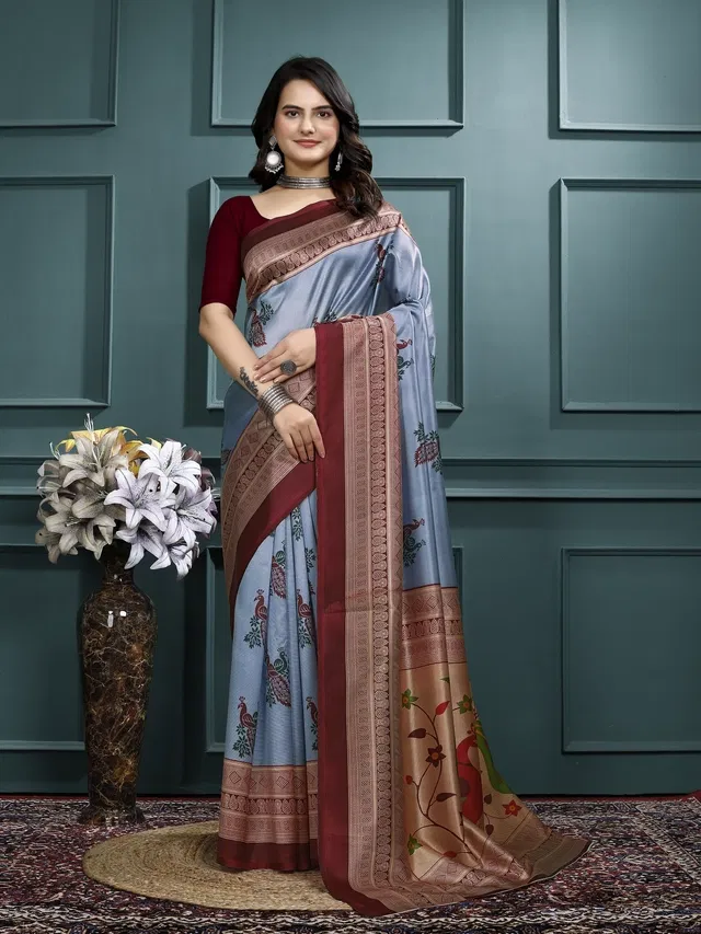 Mysore Silk Printed Saree for Women (Grey, 6.3 m)