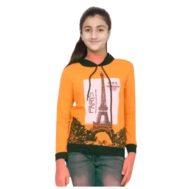 Cotton Blend Printed Hoodie for Girls (Yellow, 8-9 Years)