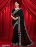 Poly Georgette Solid Saree For Women, Black