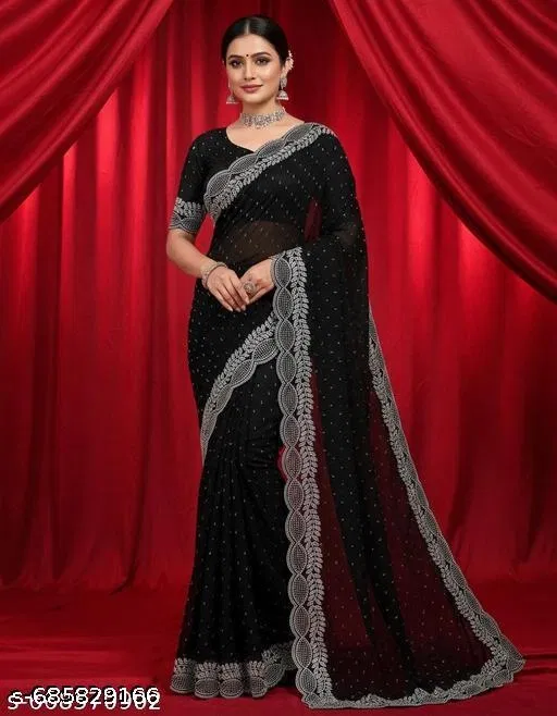 Poly Georgette Solid Saree For Women, Black