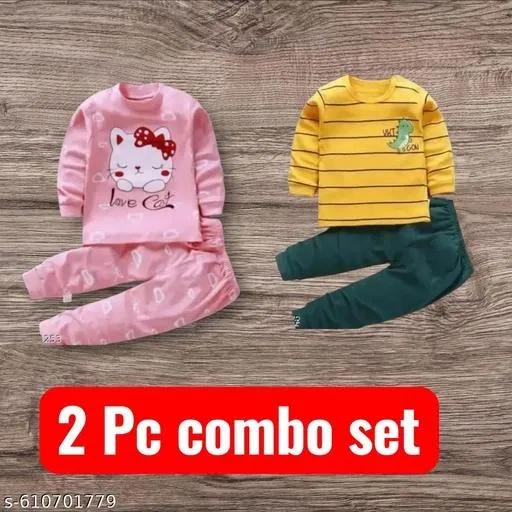 Hosiery Cotton Printed Clothing Set for Kids, Multicolor, Pack of 2 (0-2 Months)