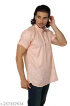 Cotton Blend Printed Short Kurta for Men 