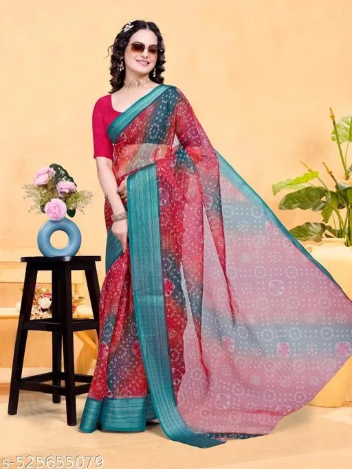 Linen Zari Checks Bandhani Printed Organza Saree for Women (Multicolor)