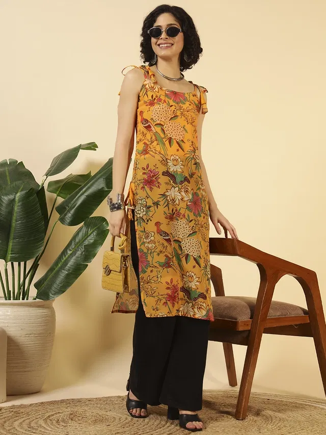 Tie Up Georgette Kurti for Women (Yellow, XL)