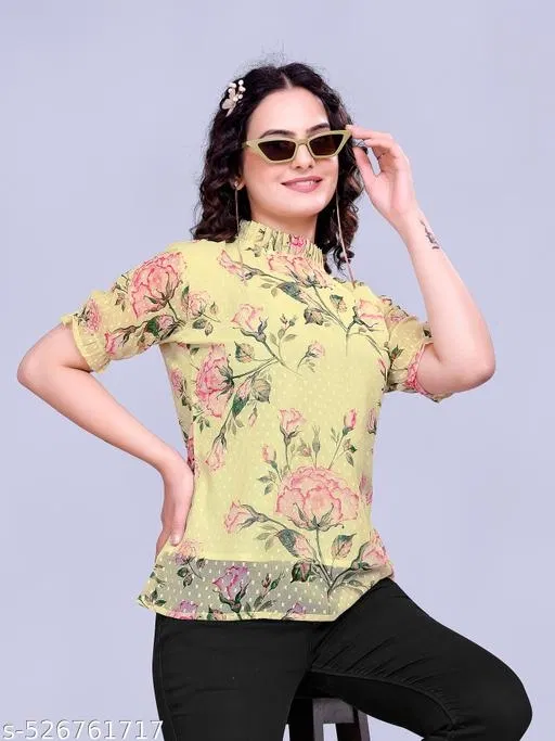 Floral Printed Georgette Kurti for Women (Yellow, XL)