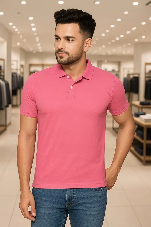Cotton Blend Polo Neck T-Shirt for Men (Pink, L)