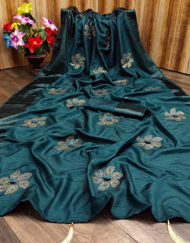 Dola Silk Embellished Saree for Women (Teal, 6.3 m)