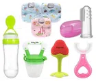 Silicone Fruit & Food Feeder, Teether, 3 Pcs Bibs, U Shaped with Finger Brush for Kids (Multicolor, Set of 8)