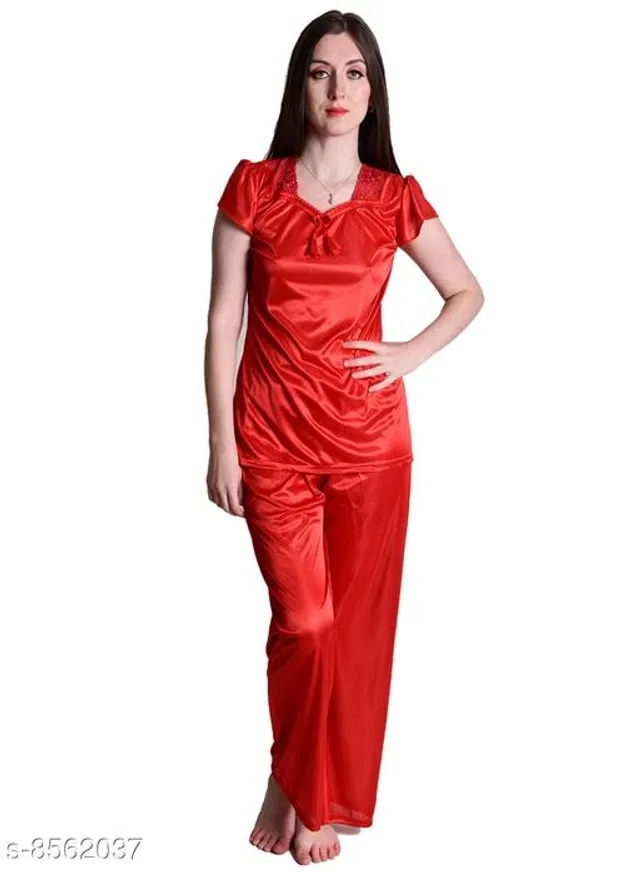 Satin Nightsuit Set for Women (Red, L)
