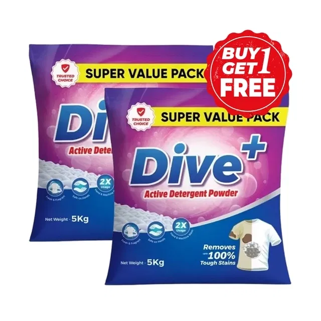 डाइव+ एक्टिव डिटर्जेंट पाउडर 2X5 Kg ( बय 1 गेट 1 फ्री)