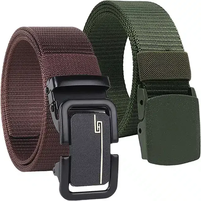 Casual Nylon Belt for Men (Brown & Green, Pack of 2)