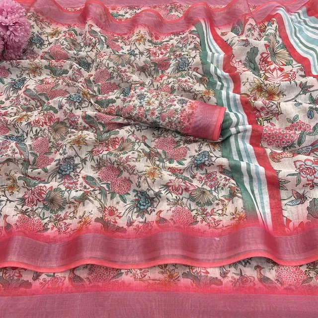 Linen Printed Saree for Women, Multicolor (6.3 m)