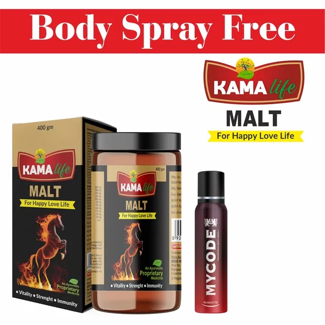 Kama Life Malt Ayurvedic Stamina Powder (400 g) with Free Mycode Roseatte Perfume Body Spray (Set of 2)