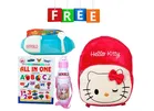 Combo of Fabric School Bag, Water Bottle, Lunch Box with All in One Book for Kids (Multicolor, Set of 4)