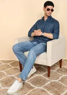 Cotton Blend Checked Shirts for Men, Blue 