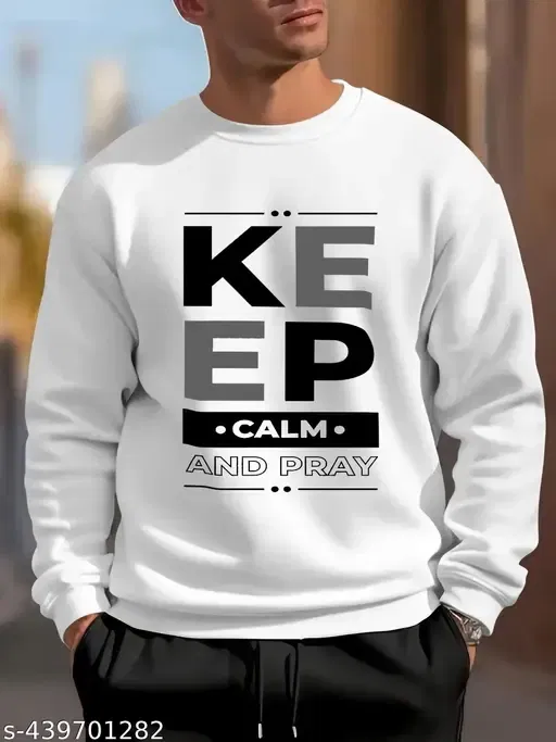 Round Neck Printed Fleece Fleece Sweatshirt for Men (White, L)