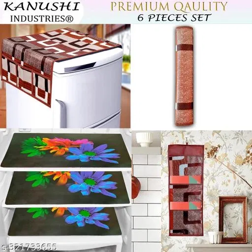 KANUSHI Industries® 1Pc Fridge Cover for Top with 6 Utility Pockets (Brown Color) + 1 Handles Covers + 3 Fridge Mats + 1 Wall Hanging Organizer (FRI-COMBO-M-24+MGZ-HOLDER-BROWN-BOX)
