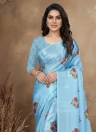 Art Silk Printed Saree for Women, Sky Blue 